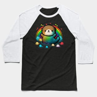 Adorable Rainbow Watercolor Sea Otter Kawaii Baseball T-Shirt